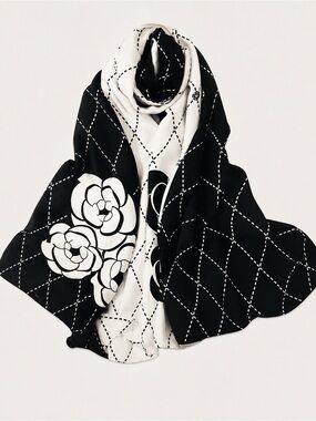 Black & White Art Deco  Silky Scarf with Flower Detail
